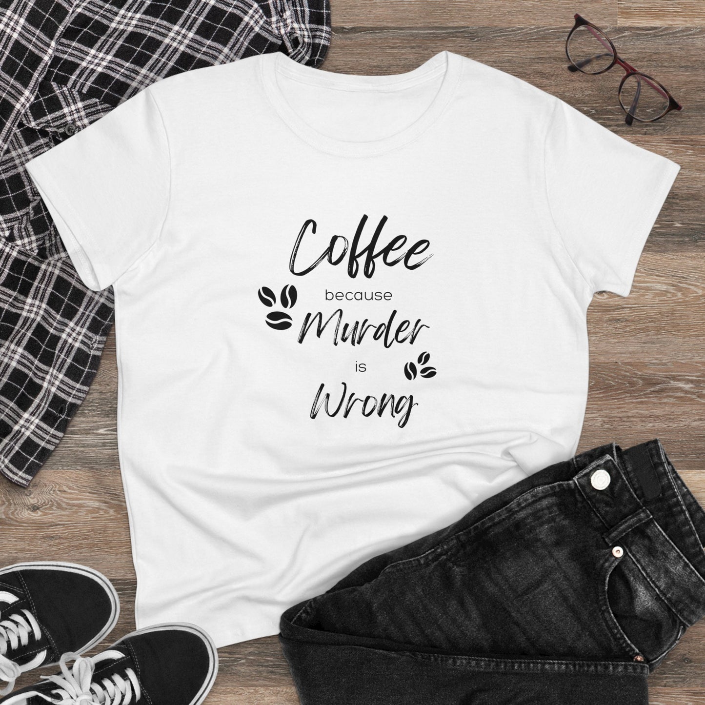 Ladies Classic Fine Comb Cotton Crew Neck T-shirt - Coffee or Murder